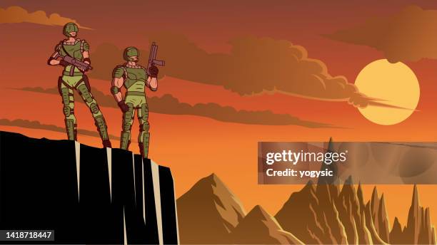 vector sci fi soldiers on a cliff with mountain range background stock illustration - us marine corps 幅插畫檔、美工圖案、卡通及圖標