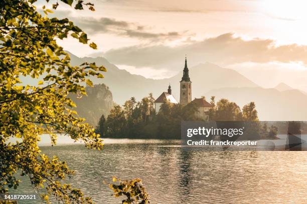 lago dissanguato al crepuscolo in slovenia - lago di bled foto e immagini stock