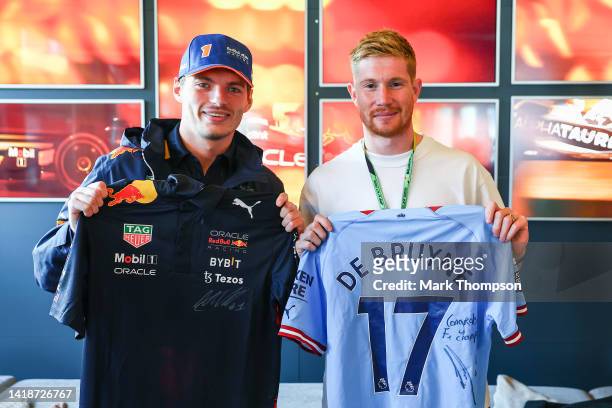 Max Verstappen of the Netherlands and Oracle Red Bull Racing meets Kevin de Bruyne in the Paddock prior to the F1 Grand Prix of Belgium at Circuit de...