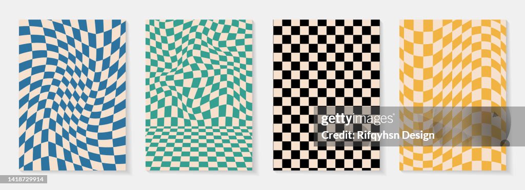 Set of checkerboard backgrounds in pale pastel colors. Groovy hippie chessboard pattern. Retro 60s 70s psychedelic design. Gingham vector wallpaper collection for print templates or textile