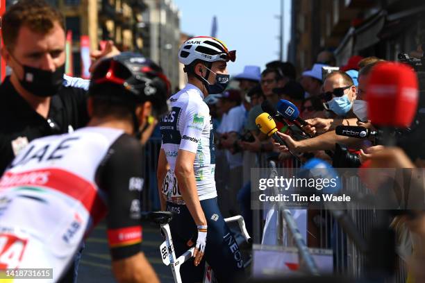 Carlos Rodriguez Cano of Spain and Team INEOS Grenadiers - White Best Young Rider Jersey meets the media press at start prior to the 77th Tour of...