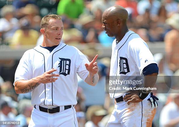 Brandon Inge and Austin Jackson of the Detroit Tigers talk together during the spring training game against the Minnesota Twins at Joker Marchant...