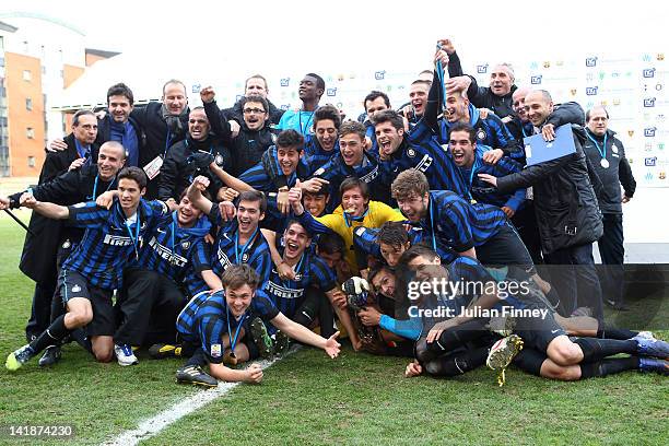 Inter Milan U19 celebrate with the trophy during the NextGen Series Final between Ajax U19 and Inter Milan U19 at Matchroom Stadium on March 25, 2012...