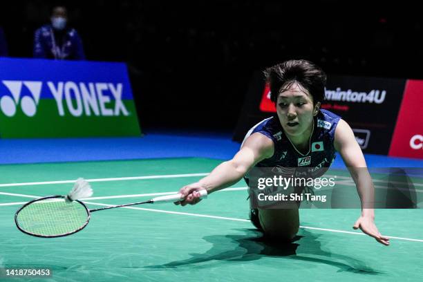 Akane Yamaguchi of Japan competes in the Women's Single Final match against Chen Yufei of China on day seven of the BWF World Championships at Tokyo...