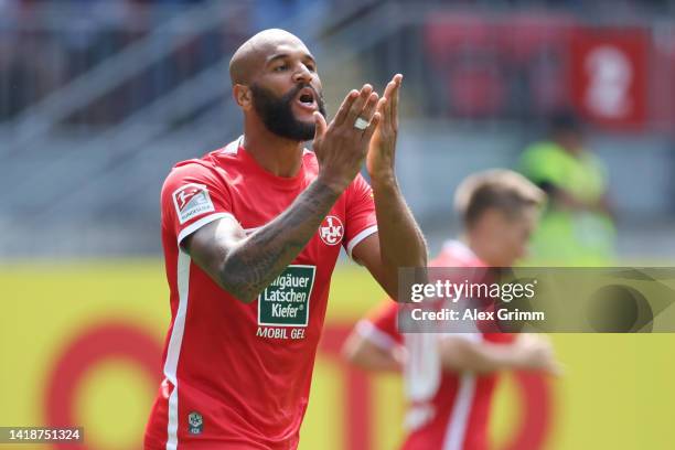 Terrence of Kaiserslautern celebrates their team's first goal during the Second Bundesliga match between 1. FC Kaiserslautern and 1. FC Magdeburg at...