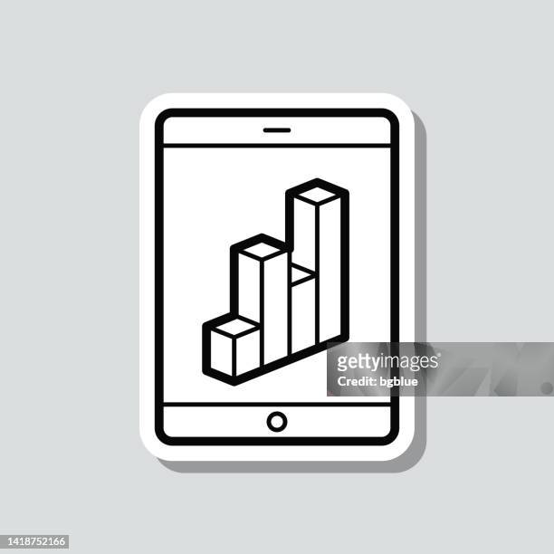 tablet pc with 3d chart. icon sticker on gray background - flat line graph stock illustrations