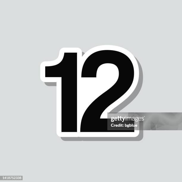 illustrazioni stock, clip art, cartoni animati e icone di tendenza di 12 - numero dodici. adesivo icona su sfondo grigio - numero 12