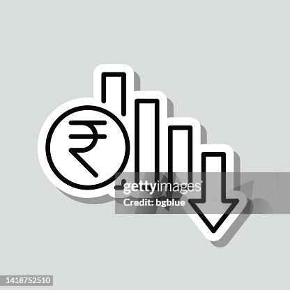 Indian rupee rate decrease. Icon sticker on gray background Indian rupee rate decrease. Icon sticker on gray background