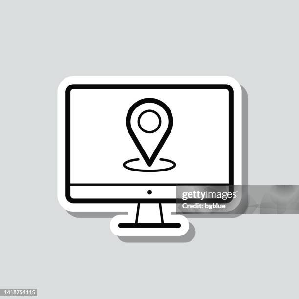 desktop computer with location pin. icon sticker on gray background - 3d map pin stock illustrations