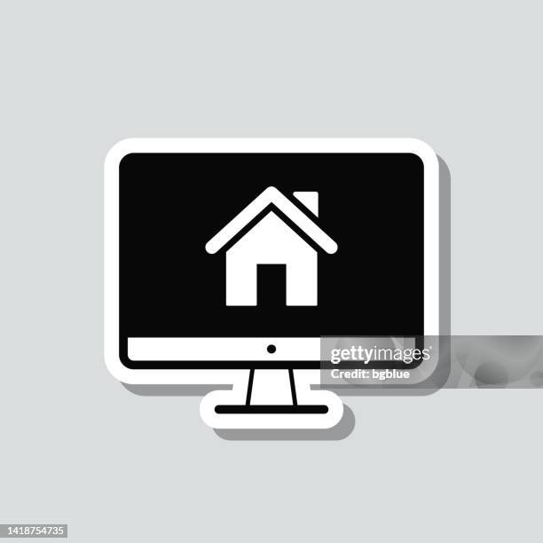 desktop computer with smart home. icon sticker on gray background - using desktop computer at home stock illustrations