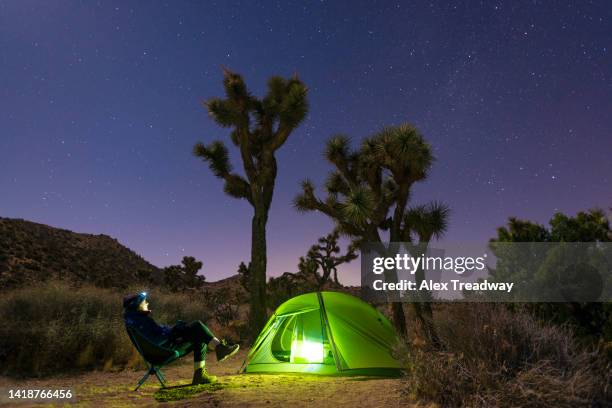 a girl stargazes beside her glowing tent in joshua tree national park - stargazes stock pictures, royalty-free photos & images