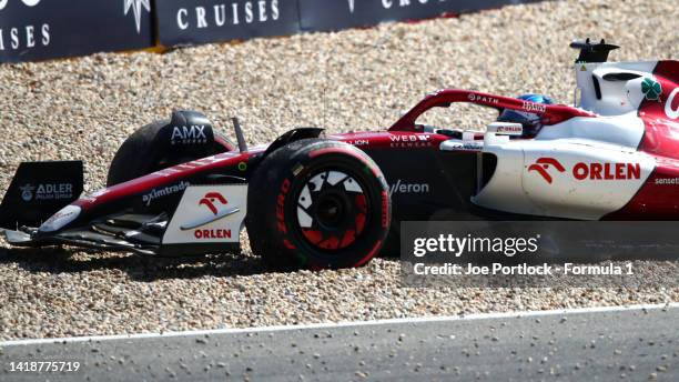 Valtteri Bottas of Finland driving the Alfa Romeo F1 C42 Ferrari stops on track and retires from the race during the F1 Grand Prix of Belgium at...