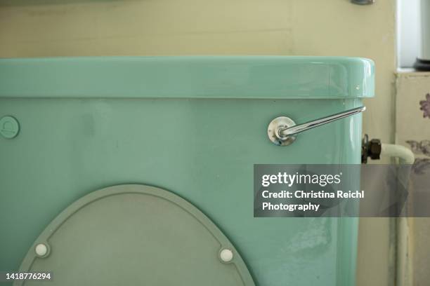 close up of turquoise toilet with toilet flush - old carpet stock pictures, royalty-free photos & images