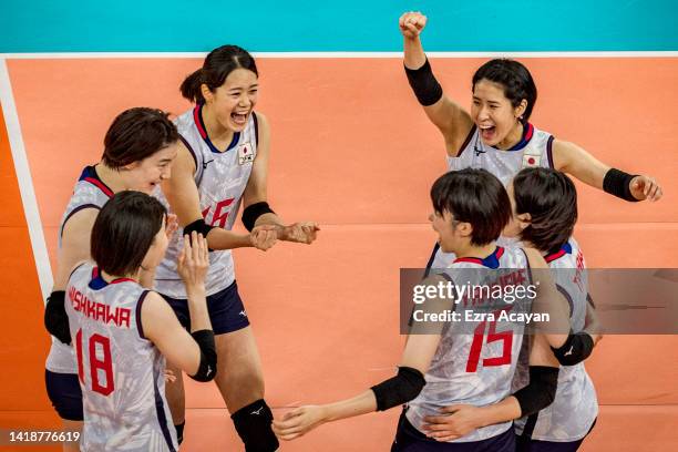 Team Japan celebrates after scoring a point during their semi-final round match against Team Vietnam on day seven of the AVC Cup For Women at...