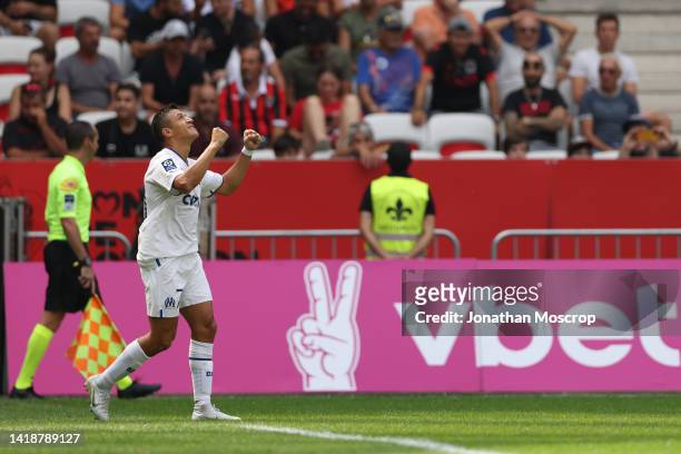 Alexis Sanchez of Olympique De Marseille celebrates after scoring to give the side a 1-0 lead during the Ligue 1 match between OGC Nice and Olympique...