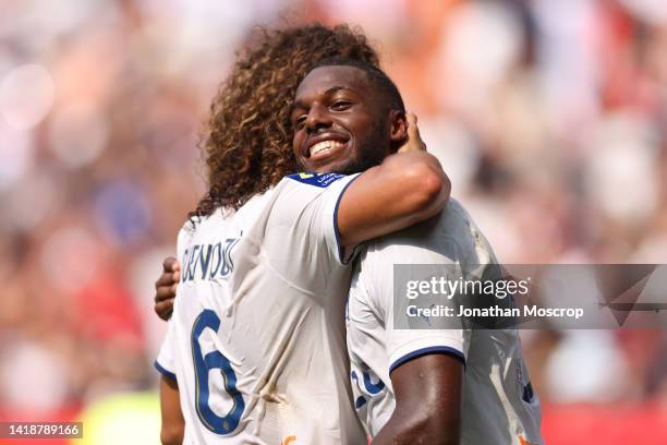 Nuno Tavares of Olympique De Marseille celebrates with team mate Matteo Guendouzi after scoring to give the side a 2-0 lead during the Ligue 1 match...