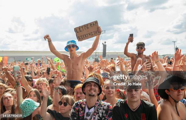 Music fans with Banners in the crowd at Reading Festival day 3 on August 28, 2022 in Reading, England.