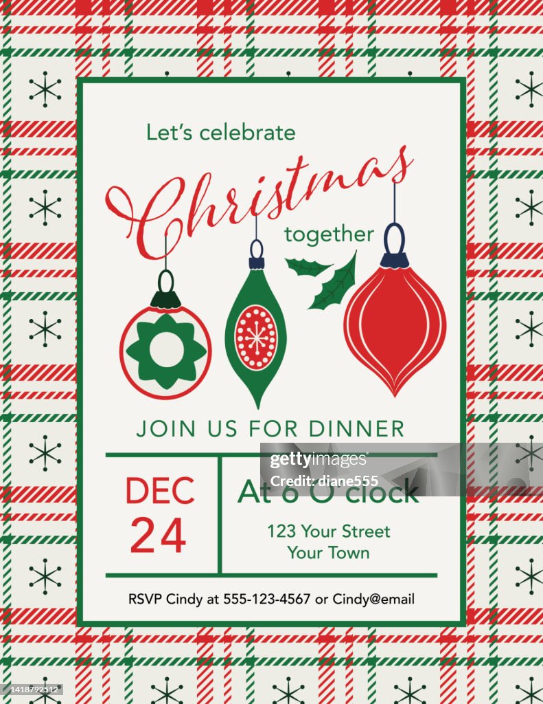 Christmas Party Invitation Template With Ornaments And A Plaid Border