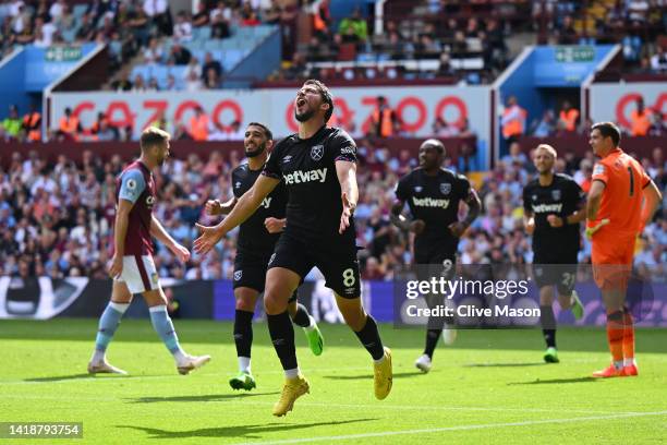 Pablo Fornals of West Ham United celebrates after scoring their side's first goal during the Premier League match between Aston Villa and West Ham...