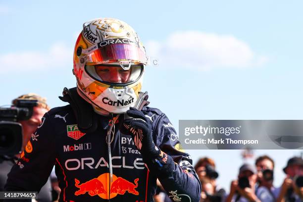 Race winner Max Verstappen of the Netherlands and Oracle Red Bull Racing celebrates in parc ferme during the F1 Grand Prix of Belgium at Circuit de...