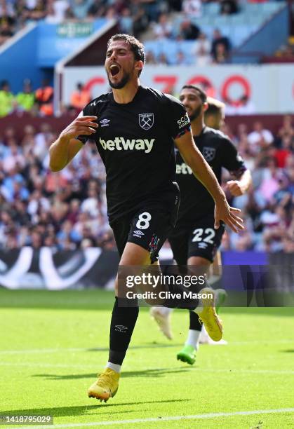 Pablo Fornals of West Ham United celebrates after scoring their side's first goal during the Premier League match between Aston Villa and West Ham...