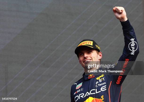 Race winner Max Verstappen of the Netherlands and Oracle Red Bull Racing celebrates on the podium during the F1 Grand Prix of Belgium at Circuit de...