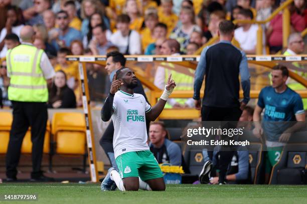 Allan Saint-Maximin of Newcastle United celebrates after scoring their team's first goal during the Premier League match between Wolverhampton...