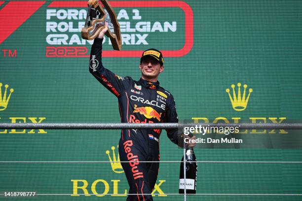 Race winner Max Verstappen of the Netherlands and Oracle Red Bull Racing celebrates on the podium during the F1 Grand Prix of Belgium at Circuit de...