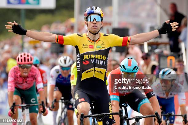 Wout Van Aert of Belgium and Team Jumbo - Visma celebrates at finish line as stage winner during the 86th Bretagne Classic - Ouest-France 2022 a...