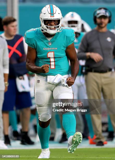 Tua Tagovailoa of the Miami Dolphins celebrates after River Cracraft of the Miami Dolphins scores a touchdown during the first quarter against the...