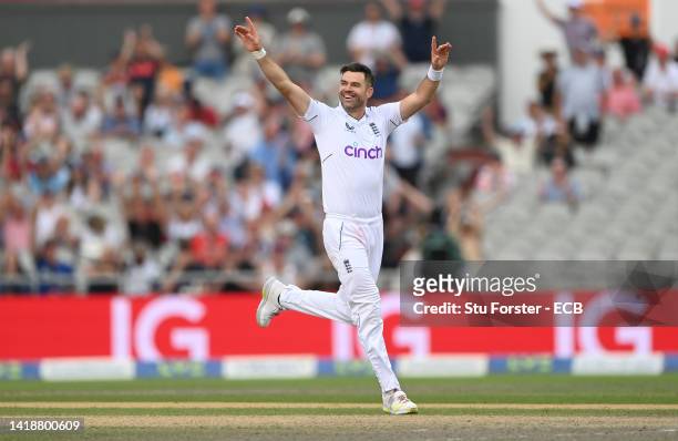 England bowler James Anderson celebrates after taking the wicket of Simon Harmer during day three of the Second test match between England and South...