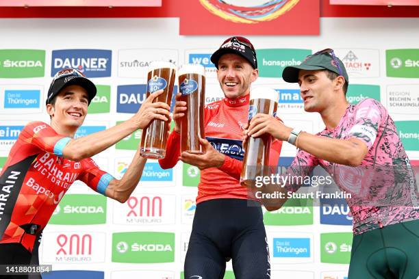 Pello Bilbao López of Spain and Team Bahrain Victorious on second place, race winner Adam Yates of United Kingdom and Team INEOS Grenadiers - Red...