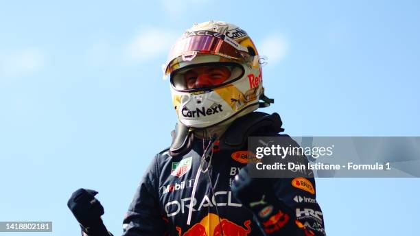 Race winner Max Verstappen of the Netherlands and Oracle Red Bull Racing celebrates in parc ferme during the F1 Grand Prix of Belgium at Circuit de...