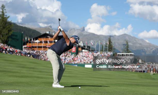 Thriston Lawrence of South Africa hits his second shot on the 18th hole during Day Four of the Omega European Masters at Crans-sur-Sierre Golf Club...