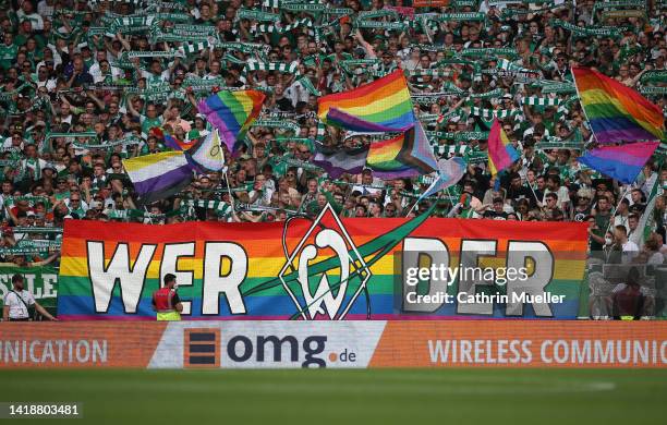 Werder Bremen fans display a rainbow banner prior to the Bundesliga match between SV Werder Bremen and Eintracht Frankfurt at Wohninvest Weserstadion...