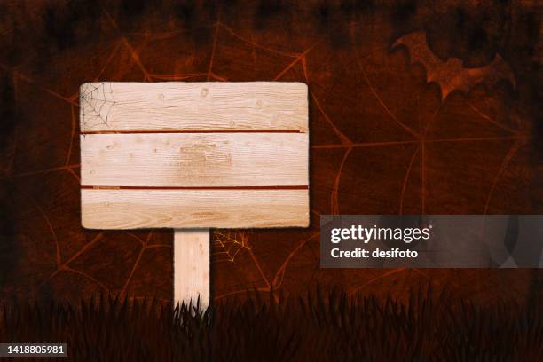 stockillustraties, clipart, cartoons en iconen met foggy horror midnight view, of blank spooky dark maroon or brown gradient color with spider web or cobweb in backdrop, one bat and one spider hanging with a blank wooden placard post banner sign - wooden sign post