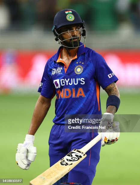 Rahul of India reacts after being dismissed during the DP World Asia Cup T20 match between Pakistan and India at Dubai International Stadium on...