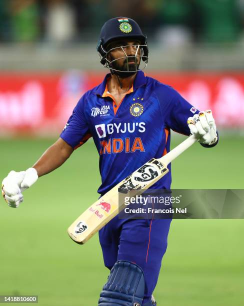 Rahul of India reacts after being dismissed during the DP World Asia Cup T20 match between Pakistan and India at Dubai International Stadium on...