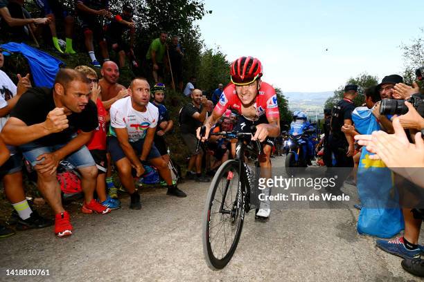 Remco Evenepoel of Belgium and Team Quick-Step - Alpha Vinyl - Red Leader Jersey attacks while fans cheer during the 77th Tour of Spain 2022, Stage 9...