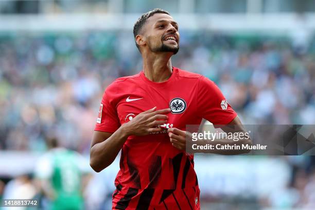 Djibril Sow of Eintracht Frankfurt celebrates after scoring their side's fourth goal during the Bundesliga match between SV Werder Bremen and...