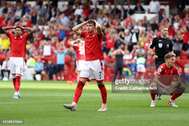 Neco Williams of Nottingham Forest reacts after a missed chance during the Premier League match between Nottingham Forest and Tottenham Hotspur at...