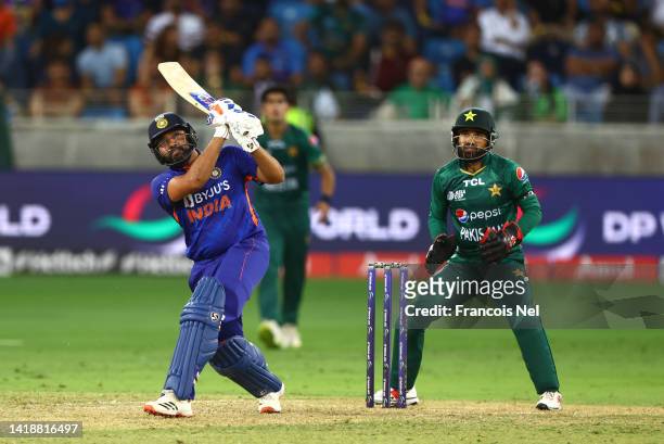Rohit Sharma of India bats during the DP World Asia Cup T20 match between Pakistan and India at Dubai International Stadium on August 28, 2022 in...