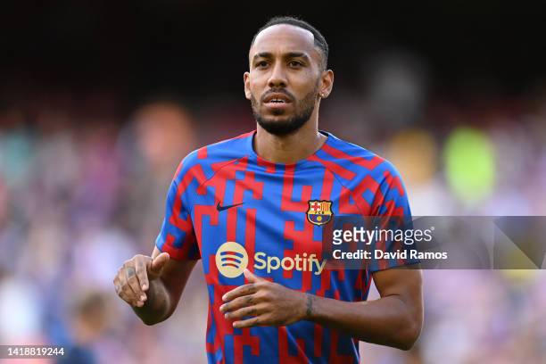 Pierre-Emerick Aubameyang of Barcelona warms up prior to the LaLiga Santander match between FC Barcelona and Real Valladolid CF at Camp Nou on August...