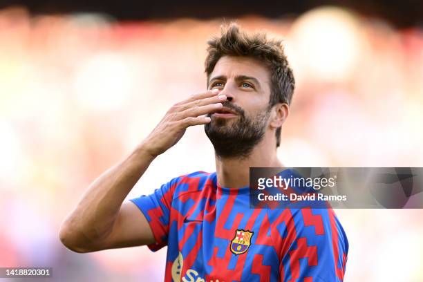 Gerard Pique of Barcelona sends a kiss to the stands prior to the LaLiga Santander match between FC Barcelona and Real Valladolid CF at Camp Nou on...