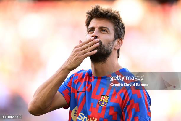 Gerard Pique of Barcelona sends a kiss to the stands prior to the LaLiga Santander match between FC Barcelona and Real Valladolid CF at Camp Nou on...