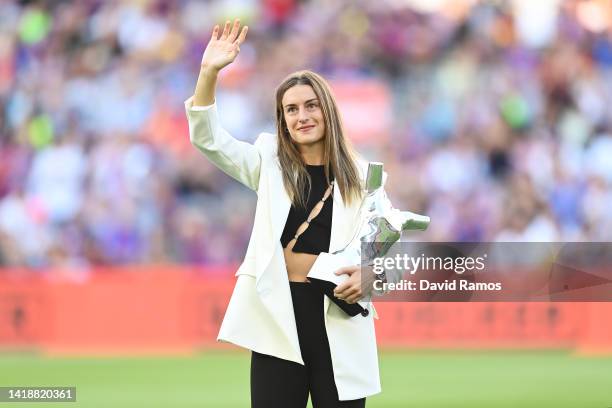 Alexia Putellas of FC Barcelona is awarded the UEFA Women's Player of the Year award prior to the LaLiga Santander match between FC Barcelona and...