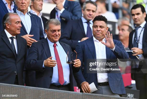 Joan Laporta, President of FC Barcelona stands with Ronaldo, President of Real Valladolid CF prior to the LaLiga Santander match between FC Barcelona...