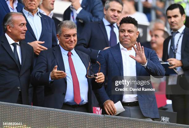 Joan Laporta, President of FC Barcelona stands with Ronaldo, President of Real Valladolid CF prior to the LaLiga Santander match between FC Barcelona...