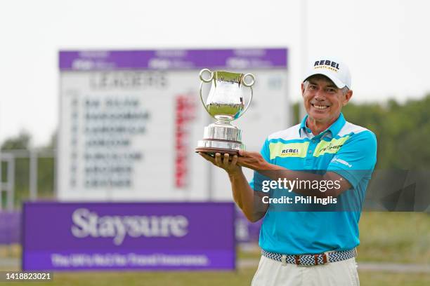 Adilson Da Silva of Brazil poses with the trophy during Day Four of the Staysure PGA Seniors Championship 2022 at Formby Golf Club on August 28, 2022...