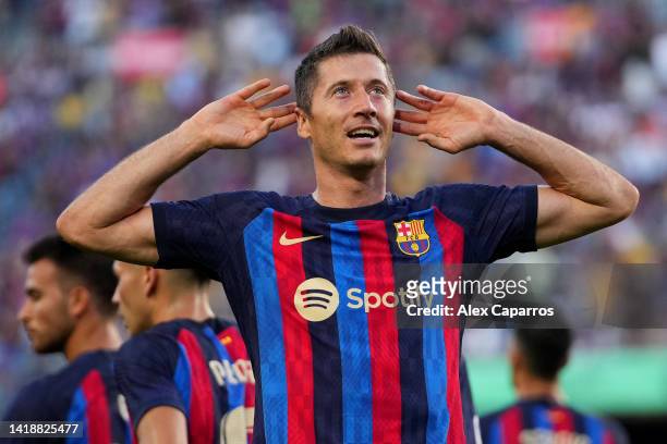 Robert Lewandowski of Barcelona celebrates after scoring their side's first goal during the LaLiga Santander match between FC Barcelona and Real...